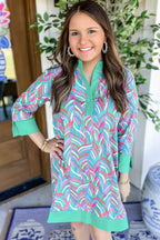 Green Abstract Print Split Neck Bracelet Sleeve Shift Dress