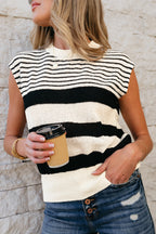 Black white Striped O Neck Sweater Vest