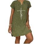 Summer Loose Print Short-sleeved V-neck Cotton And Linen Dress Women's Clothing