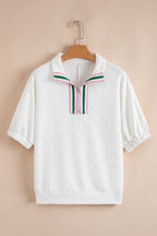 White Contrast Striped Collar Patchwork Textured Half Sleeve Blouse