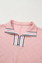 Light Pink Contrast Striped Collar Patchwork Textured Half Sleeve Blouse