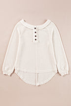 Oatmeal Waffle Knit Buttoned Front Raglan Sleeve Loose Blouse