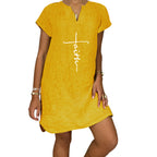 Summer Loose Print Short-sleeved V-neck Cotton And Linen Dress Women's Clothing