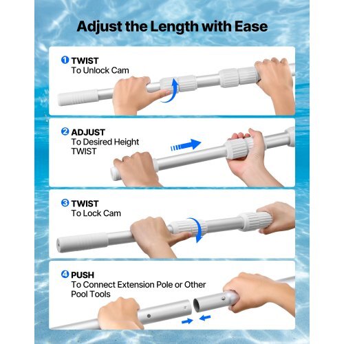 Pool Pole, 3.4 to 15 Ft Telescoping Swimming Pool Cleaning Poles, Professional Adjustable Telescopic Pole with 2 Extension Poles, Heavy Duty Cleaner Stick for Skimmer Net, Brush, Vacuum Head