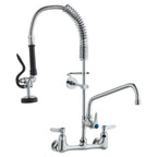 Wall-Mounted Kitchen Faucet, 25" Tall, 8" Center Distance, 12" Rotatable Spout, Includes Pre-Rinse Spray, Brass Build, Pull-Down Feature, Suitable for Multi-Compartment Sinks