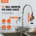 Wall-Mounted Kitchen Faucet, 25" Tall, 8" Center Distance, 12" Rotatable Spout, Includes Pre-Rinse Spray, Brass Build, Pull-Down Feature, Suitable for Multi-Compartment Sinks