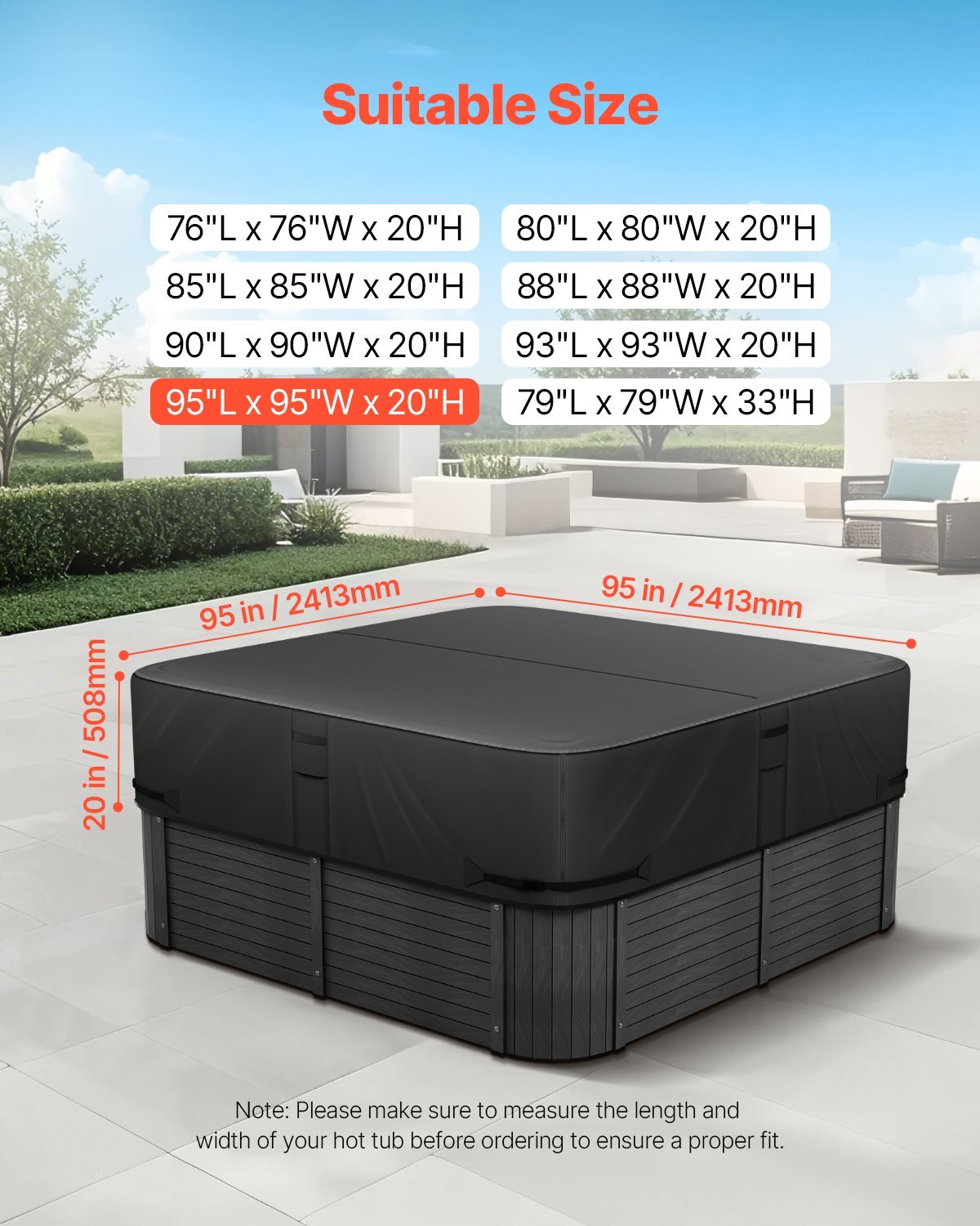 Outdoor Hot Tub Cover, 95 x 95 x 20 Inch Weatherproof and Waterproof Hot Tub Cover Protector, 600D Heavy Duty Oxford Fabric and 950N Tearing Strength, Square Spa Covers for Hottub, Black
