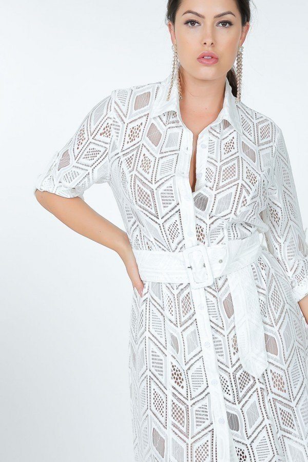 Belted Hi Low Placket Lace Shirt Dress