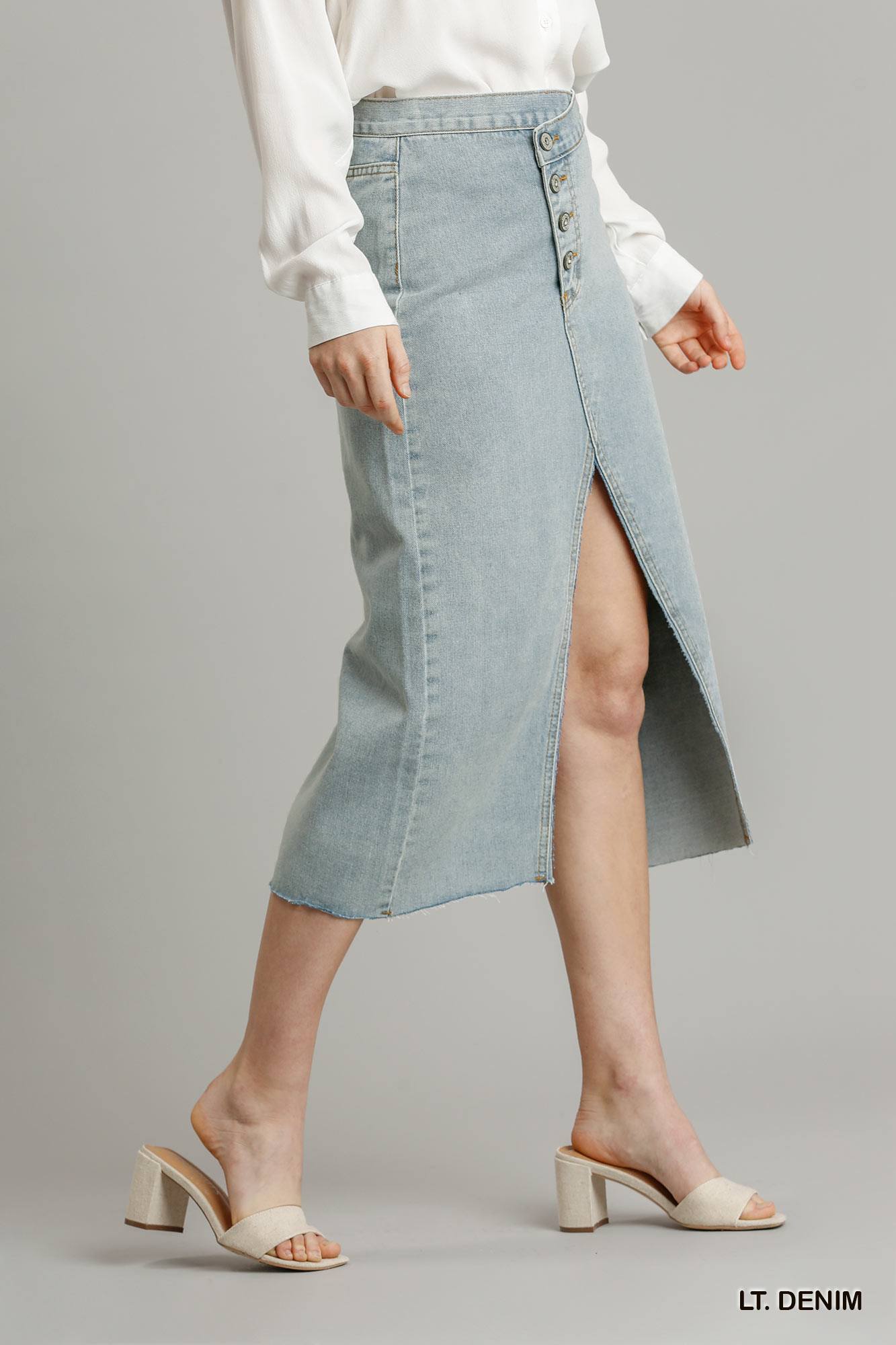 Asymmetrical Waist And Button Up Front Split Denim Skirt With Back Pockets And Unfinished Hem