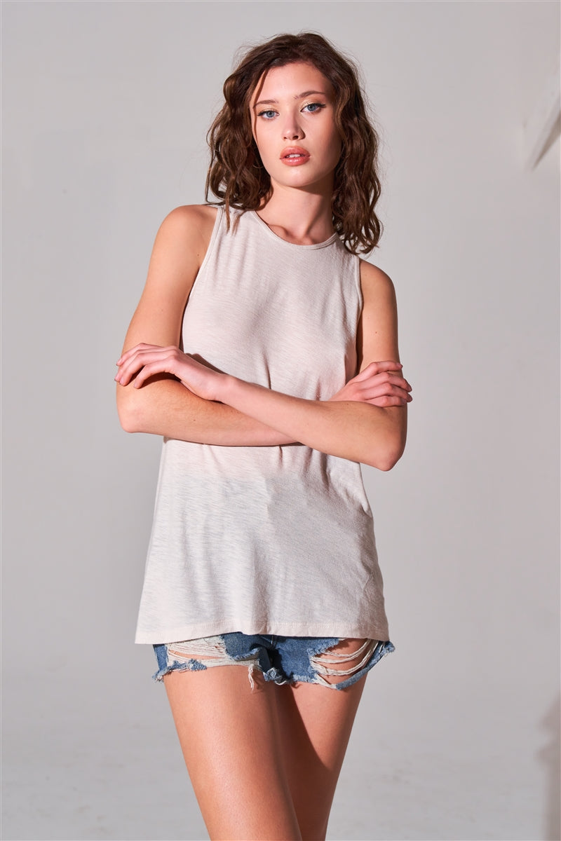 Sleeveless Crew Neck Cut-out Back Detail Longline Top