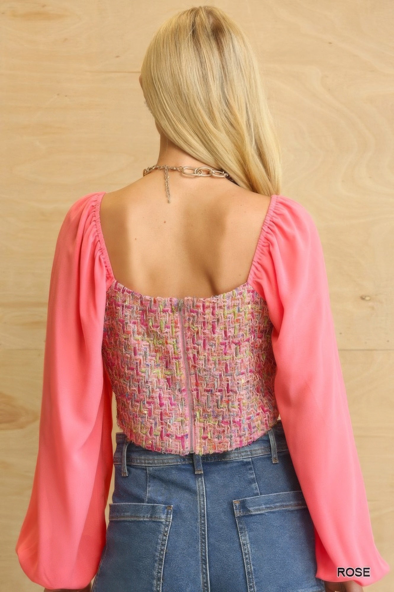 Tweed Bodice And Chiffon Square Top With Back Zipper