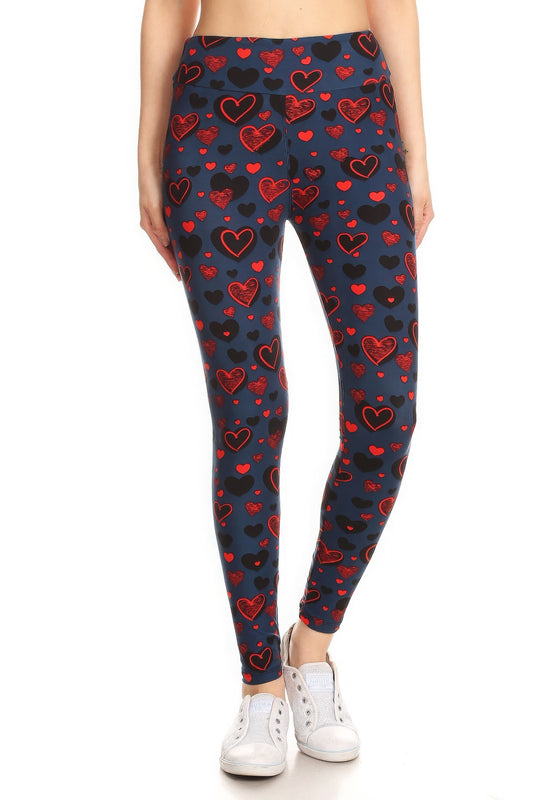 Yoga Style Banded Lined Heart Print, Full Length Leggings In A Slim Fitting Style With A Banded High Waist