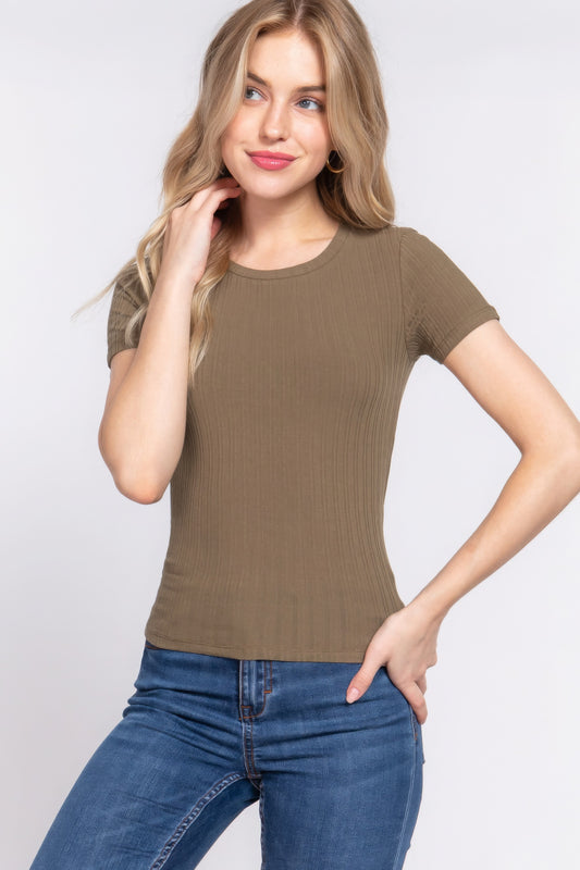 Short Slv Crew Neck Variegated Rib Knit Top