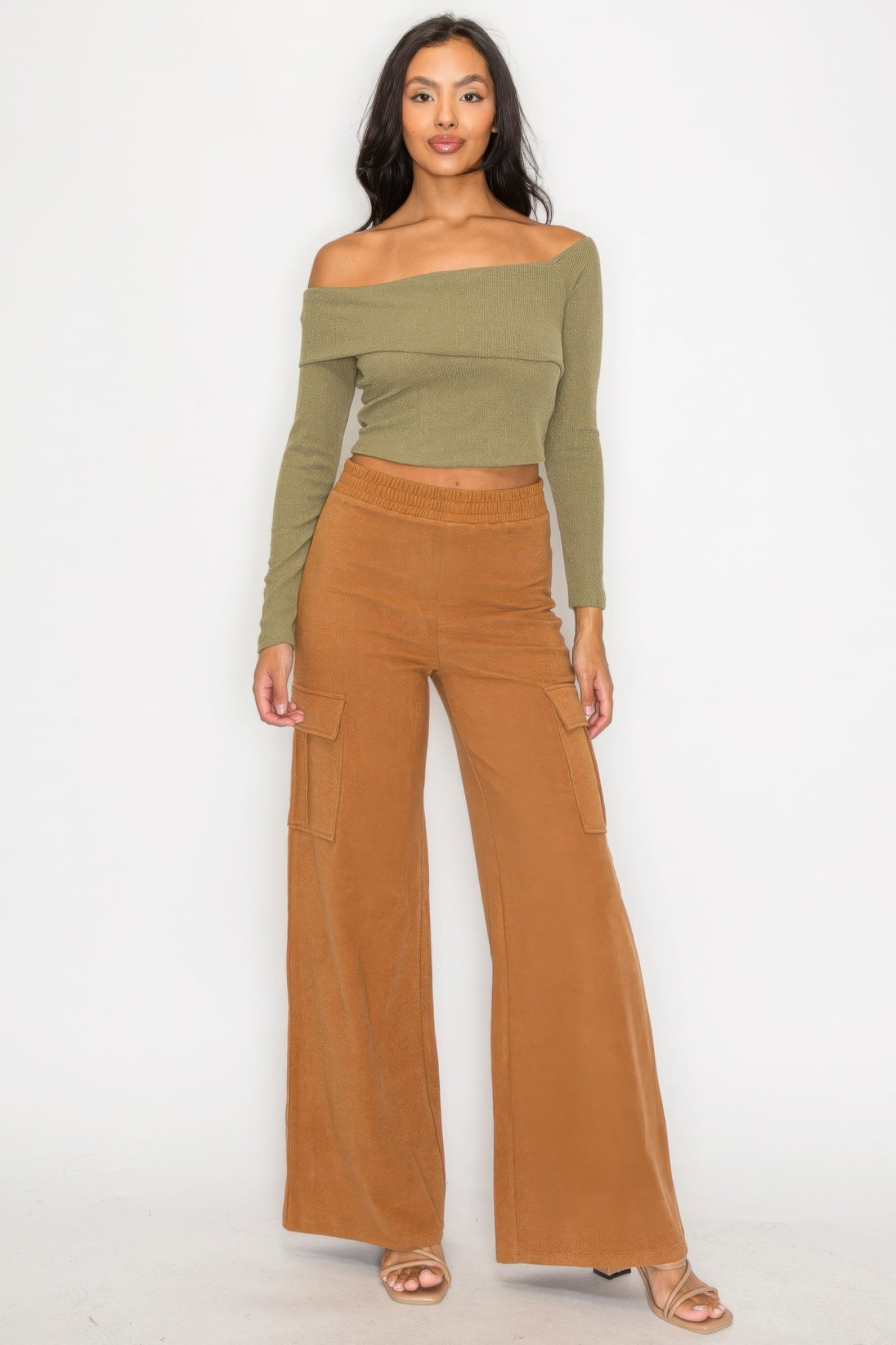 Bardot ribbed long sleeve crop top