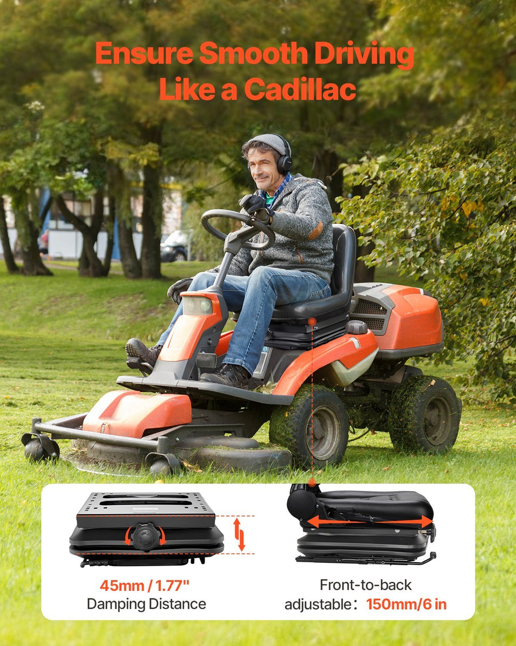 Seat Suspension Kit With Seat Slider Track, Universal Seat Suspension with Dust Cover, 6in Front-to-Back Adjustable, Tractor Seat Suspension Kit for Zero Turn Lawn Mower, Forklift