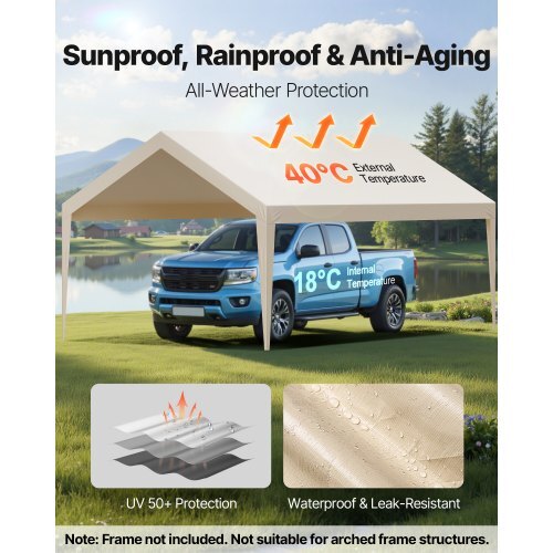 Carport Replacement Canopy, 12 x 20 ft Potable Garage Tent Top Tarp, UV-Resistant & Waterproof Car Shelter Tarp, Heavy Duty Car Port Cover with Ball Buggees, Beige, Frame Not Included