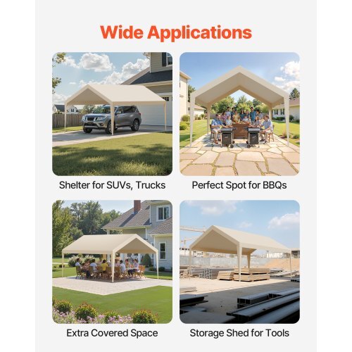 Carport Replacement Canopy, 12 x 20 ft Potable Garage Tent Top Tarp, UV-Resistant & Waterproof Car Shelter Tarp, Heavy Duty Car Port Cover with Ball Buggees, Beige, Frame Not Included