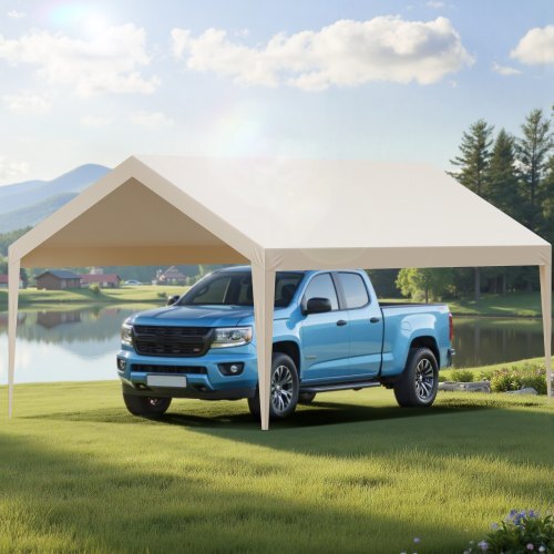 Carport Replacement Canopy, 12 x 20 ft Potable Garage Tent Top Tarp, UV-Resistant & Waterproof Car Shelter Tarp, Heavy Duty Car Port Cover with Ball Buggees, Beige, Frame Not Included
