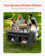 Camping Kitchen Table, Folding Outdoor Cooking Table, 3 Adjustable Heights, Aluminum Lightweight Portable Cook Station with Storage Organizer, Carry Handle, for BBQ Party Picnic RV Travel, Black