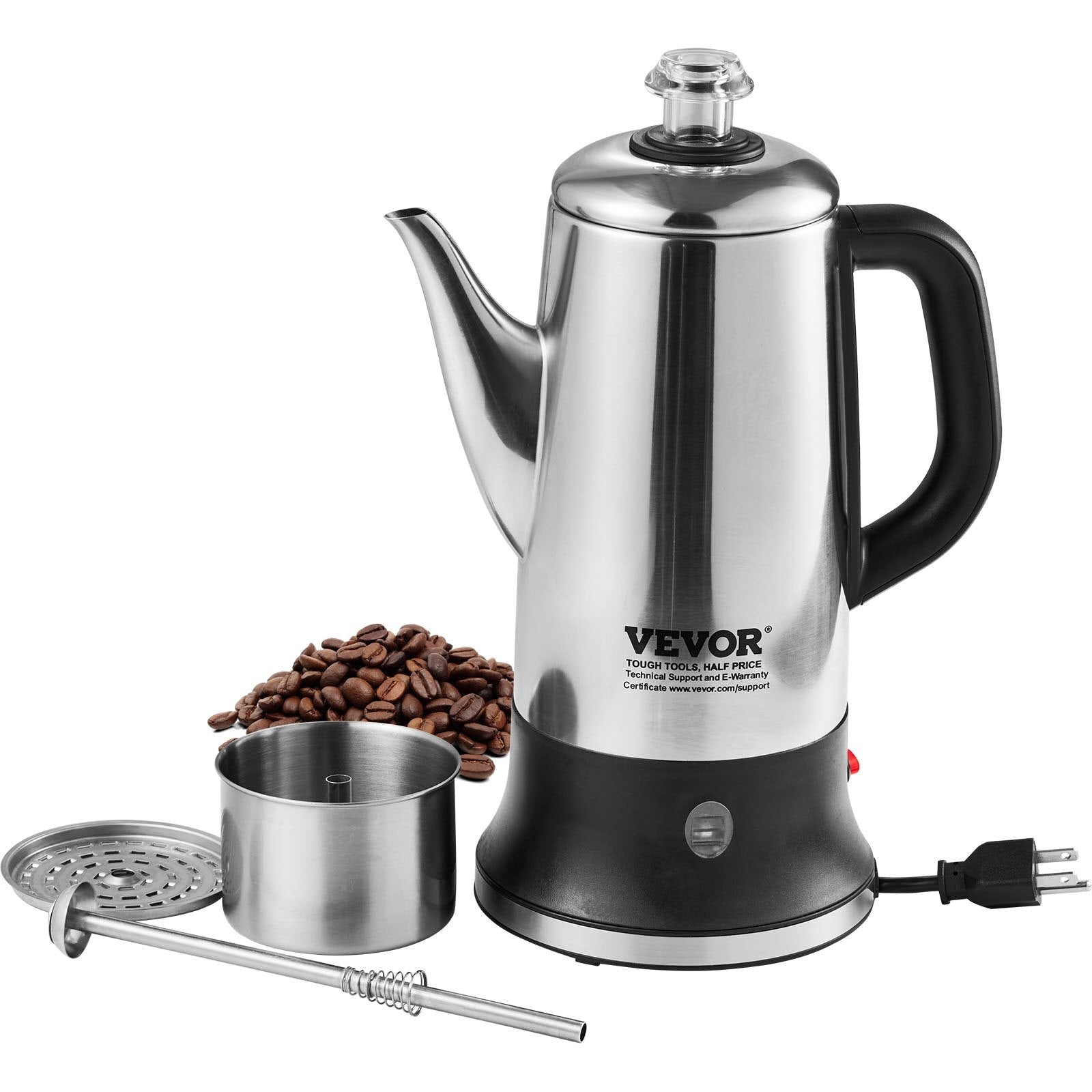12-Cup Electric Percolator Coffee Pot, 304 Stainless Steel Coffee Percolator with Keep Warm Function & Heat-Resistant Handle, Classic Coffee Maker, Quick Brew & Easy-Pour Spout, Silver
