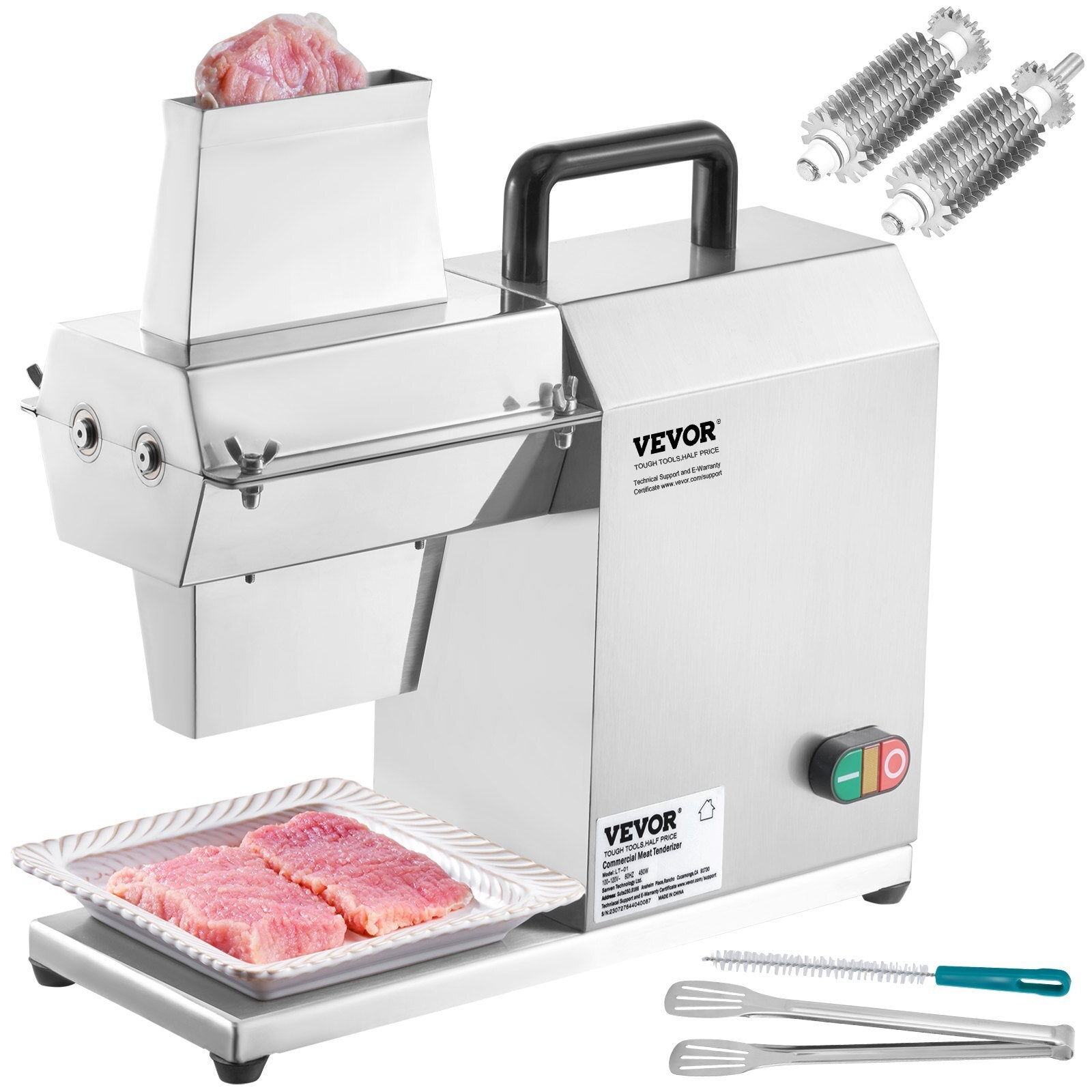 Commercial Meat Tenderizer, Heavy Duty Stainless Steel Kitchen Tool with Handle, Meat Tong, and Cleaning Brush, 450W Electric Meat Tenderizer Machine for Beef, Turkey, Chicken, Pork, and Fish