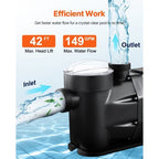 Above Ground Pool Pump, 3 HP, 149 GPM Max Flow Single Speed Swimming Pool Pump, 220V 3450 RPM 42 ft Max Head Lift with PP Shell Strainer Basket, 122F Max Water Temp, for Hot Tubs Spas, No Plug