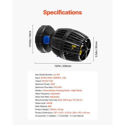 Aquarium Wave Maker, 20W, 2113 GPH Quiet and Strong DC Powerhead, Adjustable Fish Tank Circulation Pump with Controller, Strong Magnetic Base, 360? Rotating Wavemaker, for Freshwater Saltwater
