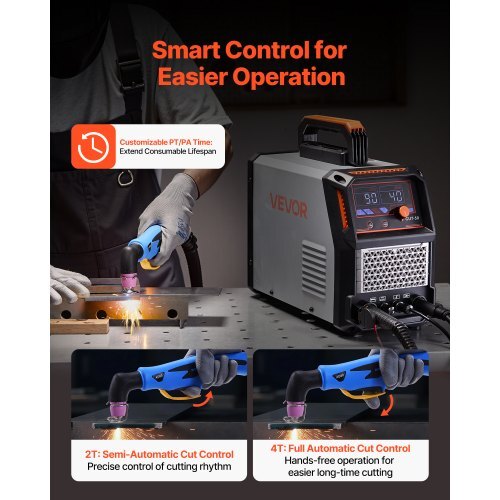 Plasma Cutter, 50A Non-Touch Pilot Arc Plasma Cutting Machine, 110V/220V Dual Voltage Digital Display IGBT Inverter - with 2T/4T Function & Adjustable PA/PT Time for Home Repairs, Workshops