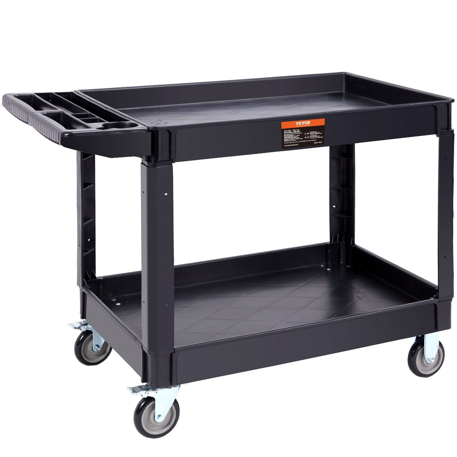 Utility Service Cart, 2 Shelf 550LBS Heavy Duty Plastic Rolling Utility Cart with 360? Swivel Wheels (2 with Brakes), Large Lipped Shelf, Ergonomic Storage Handle for Warehouse/Garage/Cleaning