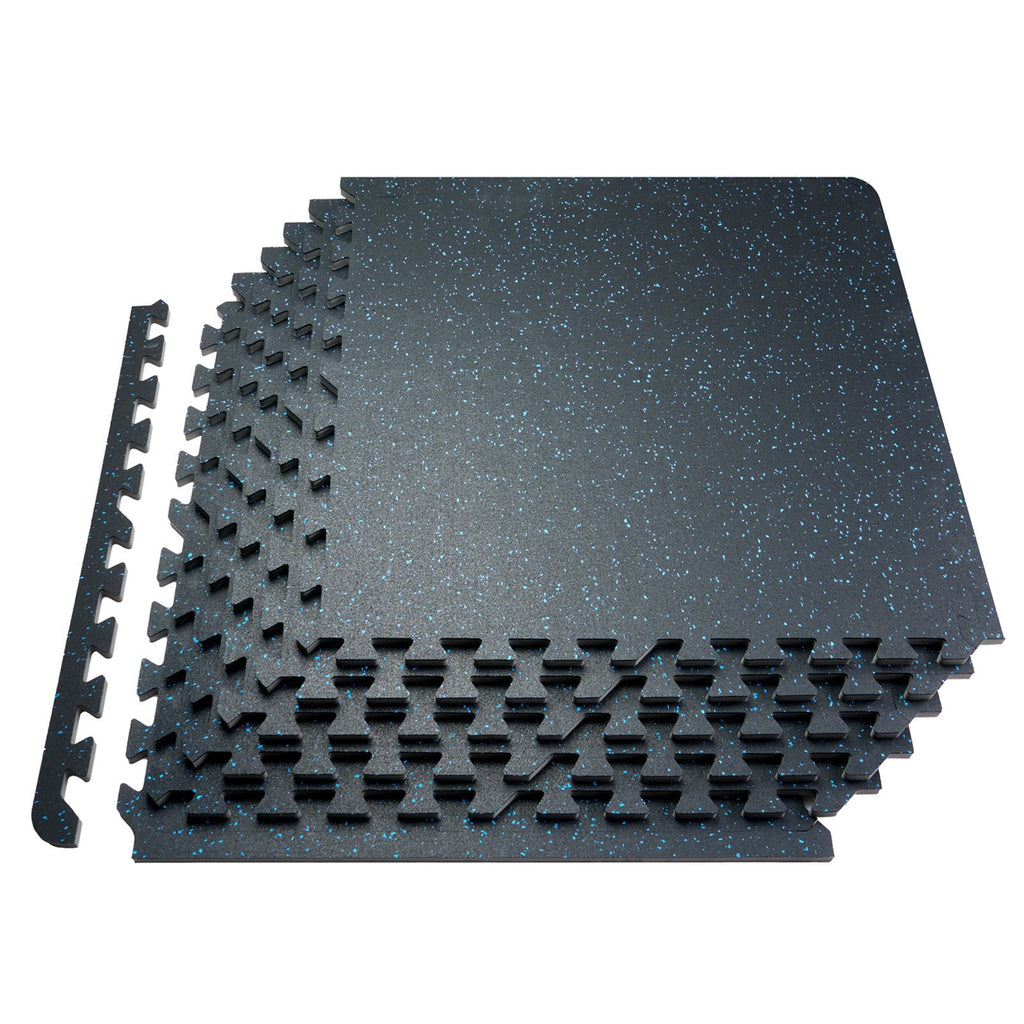 0.56 Inch Thick Gym Floor Mats, 25 Tiles Rubber Top with EVA Foam, 25" x 25" Gym Flooring Workout Mats with 100sq.ft Coverage, Interlocking Puzzle Gym Mats for Gym, Home, Garage, Black & Blue