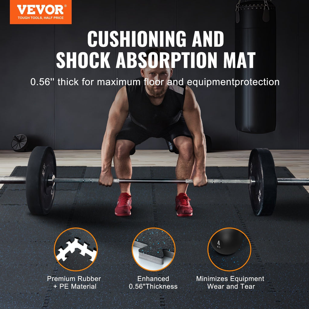0.56 Inch Thick Gym Floor Mats, 25 Tiles Rubber Top with EVA Foam, 25" x 25" Gym Flooring Workout Mats with 100sq.ft Coverage, Interlocking Puzzle Gym Mats for Gym, Home, Garage, Black & Blue
