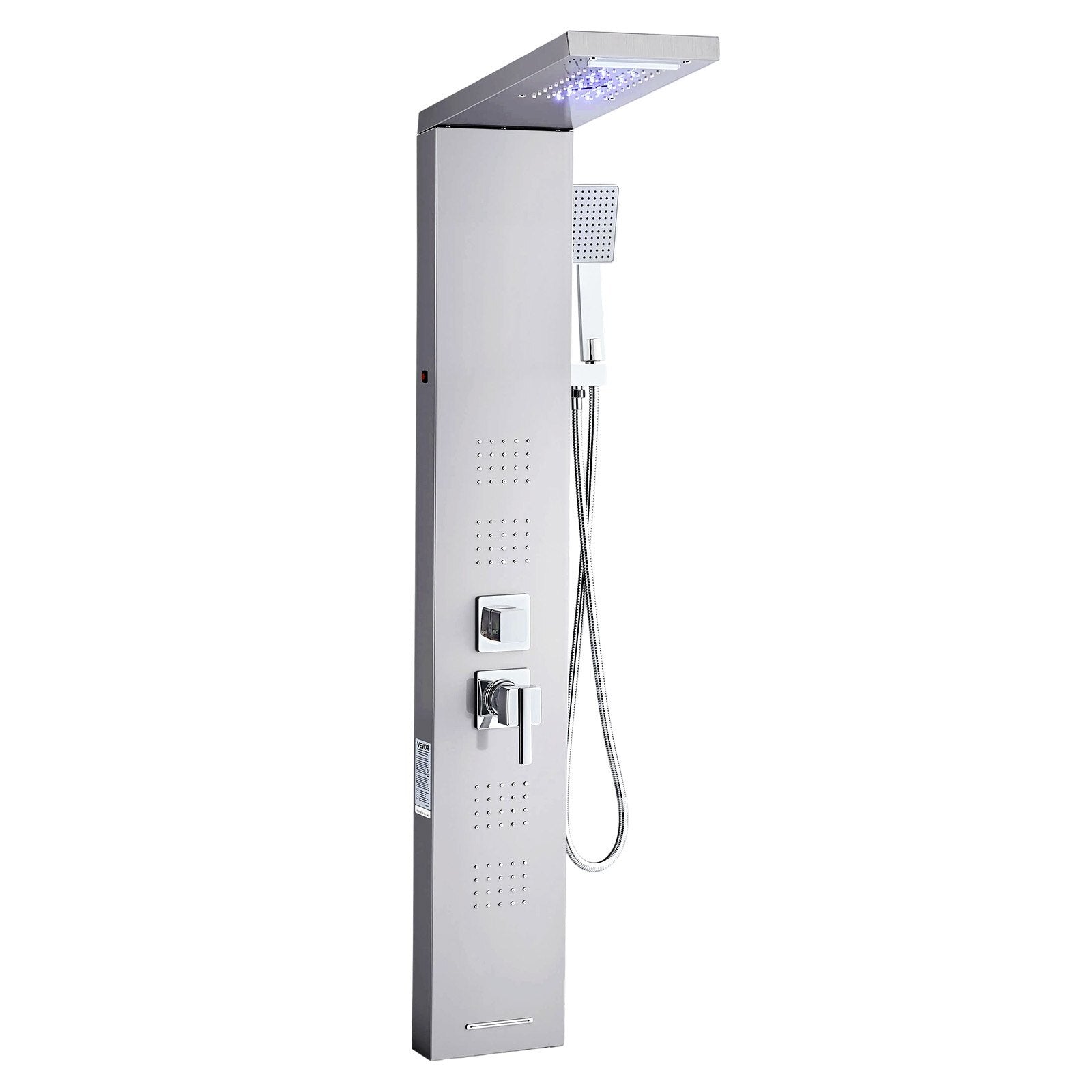Shower Panel Tower System with Rainfall Waterfall Shower Head, LED, 53 in Brushed Stainless Steel Shower Column, 5-Function Faucet, Wall-Mount Rain Massage System, with Handheld and Tub Spout