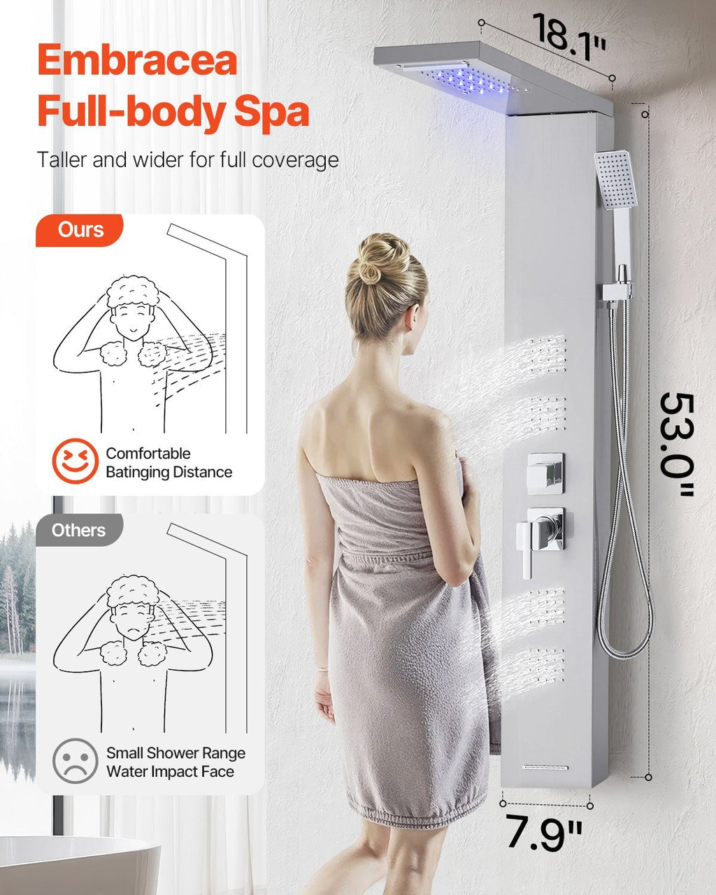 Shower Panel Tower System with Rainfall Waterfall Shower Head, LED, 53 in Brushed Stainless Steel Shower Column, 5-Function Faucet, Wall-Mount Rain Massage System, with Handheld and Tub Spout