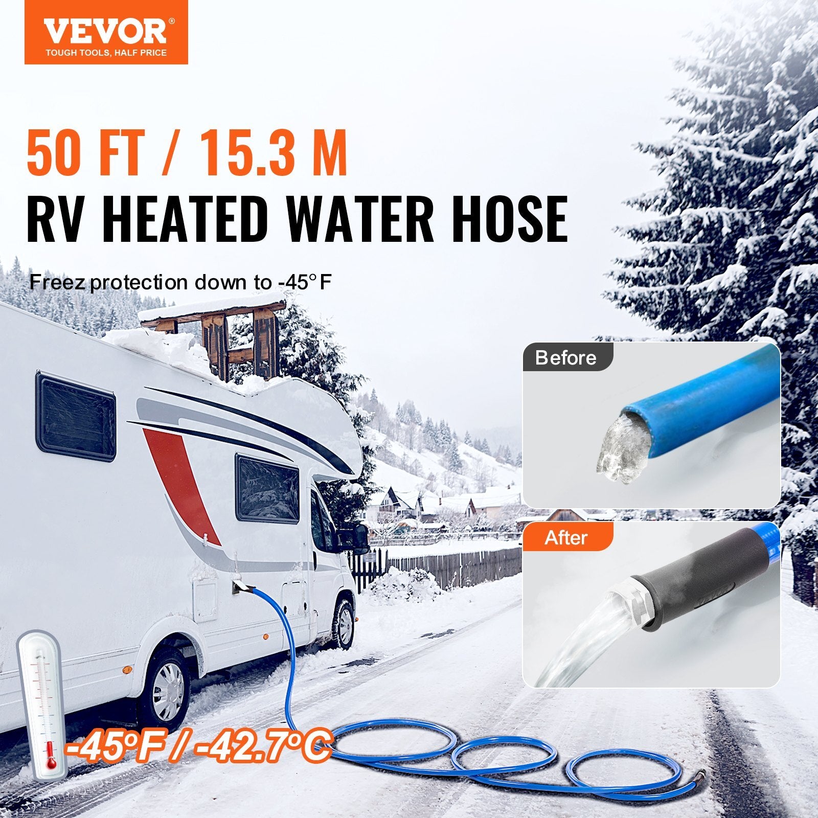 50ft Heated Water Hose for RV, Heated Drinking Water Hose Antifreeze to -45?F, Automatic Self-regulating, 5/8" I.D. with 3/4" GHT Adapter, Lead and BPA Free