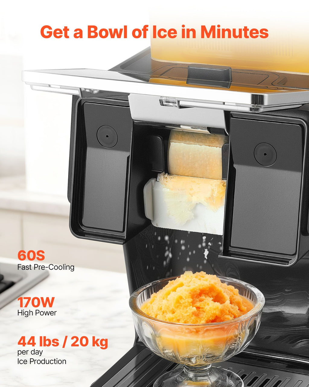 Snowflake Ice Machine, 44LBS/24H Snowflake Ice Maker, Ice-Shaver Machine with Stainless Steel Blade, Electric Snow Cone Maker with 0.2 Gal Tank, 60S Fast Pre-Cooling, for Home & Small Gatherings