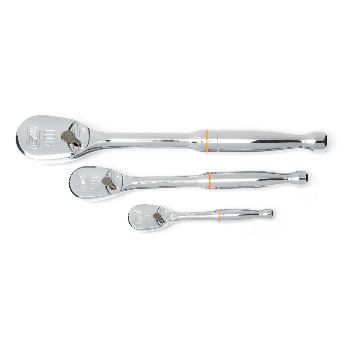 GearWrench 3 Piece 1/4 Inch, 3/8 Inch & 1/2 Inch Drive 90-Tooth Teardrop Ratchet Set