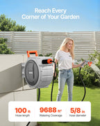 Retractable Garden Hose Reel, 5/8 Inch x 100 ft Wall Mounted Hose Reel, Heavy Duty Garden Hose Reel with 9 Patterns Nozzle, Any Length Lock, Upgraded Slow Return System and 180?Swivel Bracket