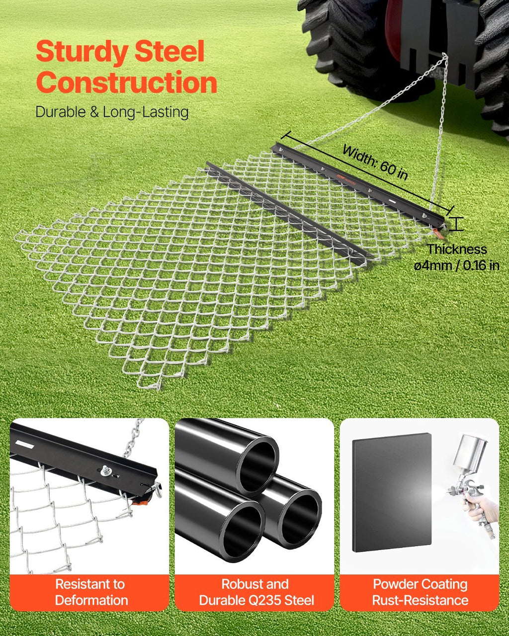 Drag Harrow, 4 x 5 ft Chain Harrow - Made from Q235 Steel, UTV Tractor Attachments for Landscape Leveling or Sod Prepping, Durable Harrow Rake for Gravel Driveway, Farm Field Garden Black
