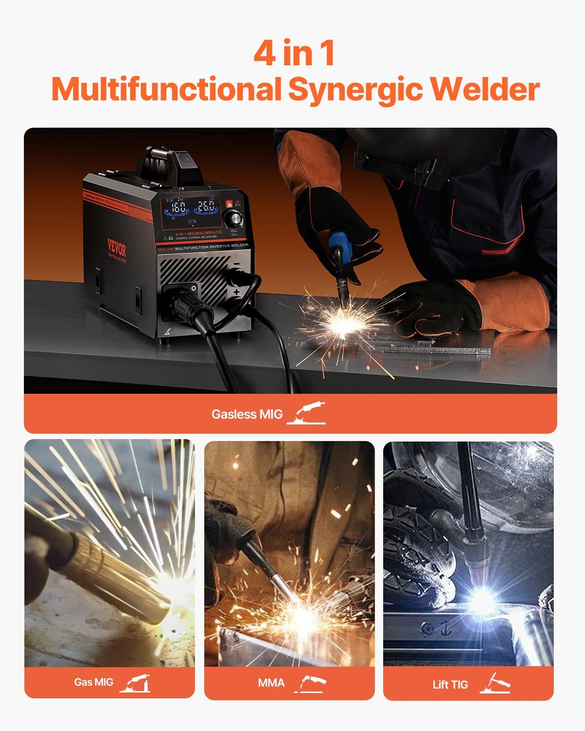 MIG Welder, 160A Synergic Mig Welding Machine, 4-in-1 Gas MIG/Flux Core MIG/Stick/Lift TIG Multi-Process Welder Machine, 110V/220V Dual Voltage Mig Welder with IGBT Inverter & LCD Screen Display