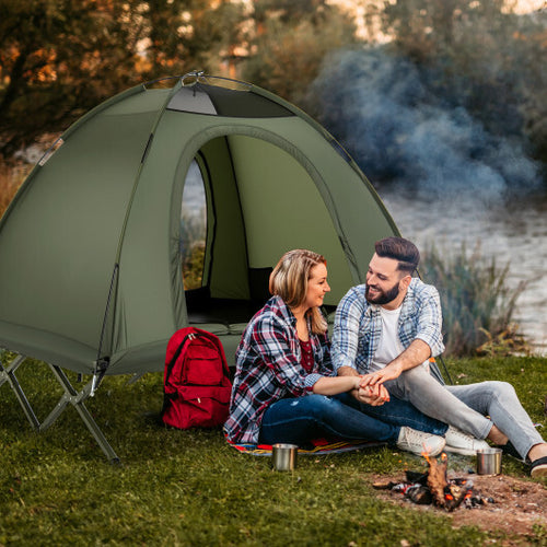 2-Person Camping Cot Tent Foldable Off-Ground Camping Combo for Adults-Green - Color: Green