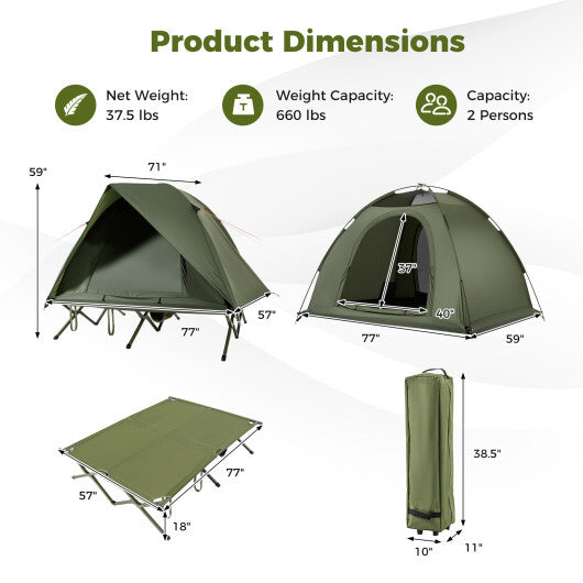 2-Person Camping Cot Tent Foldable Off-Ground Camping Combo for Adults-Green - Color: Green