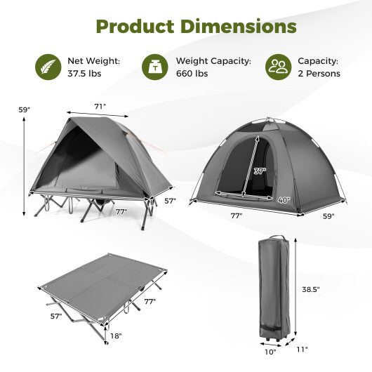 2-Person Camping Cot Tent Foldable Off-Ground Camping Combo for Adults-Grey - Color: Gray