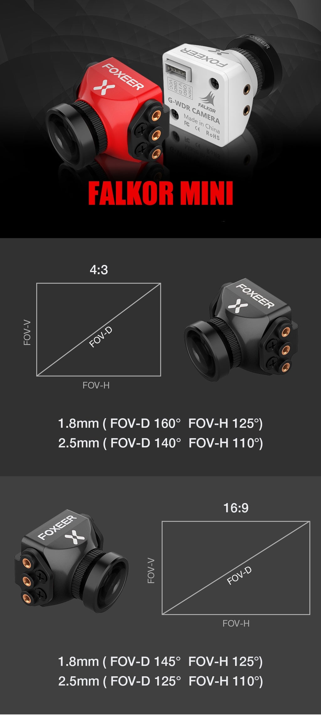 Foxeer Falkor 1200TVL Mini/Full Size Camera 16:9/4:3 PAL/NTSC Switchable GWDR Red 1.8MM