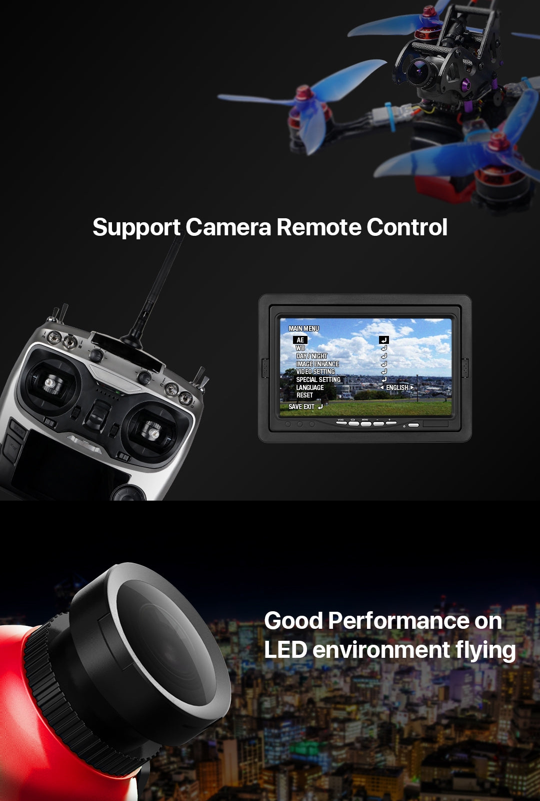 Foxeer Falkor 1200TVL Mini/Full Size Camera 16:9/4:3 PAL/NTSC Switchable GWDR Red 1.8MM
