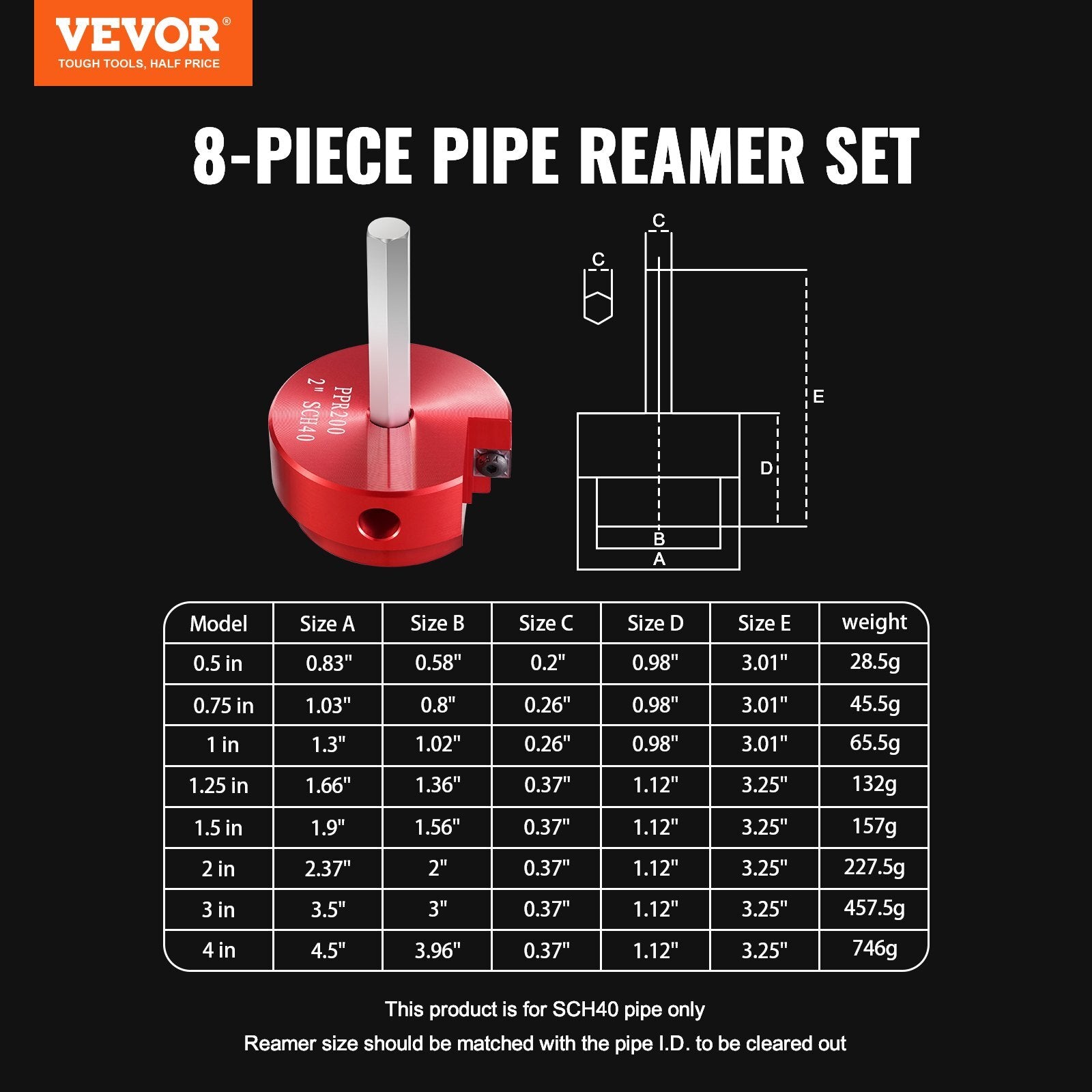 8Pcs PVC Pipe Reamer Kit, 8-Piece, Plastic Pipe Fitting Socket Saver Kit, Includes 1/2'', 3/4", 1", 1-1/4'', 1-1/2", 2", 3", 4'', for PVC, CPVC, ABS Fittings, for Exhaust, Drain, Water Pipes Cleaning