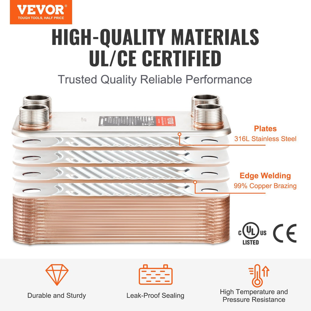 Heat Exchanger, 5"x 12" 30 Plates Brazed Plate Heat Exchanger, Copper/316L Stainless Steel Water To Water Heat Exchanger For Floor Heating, Water Heating, Snow Melting, Beer Cooling