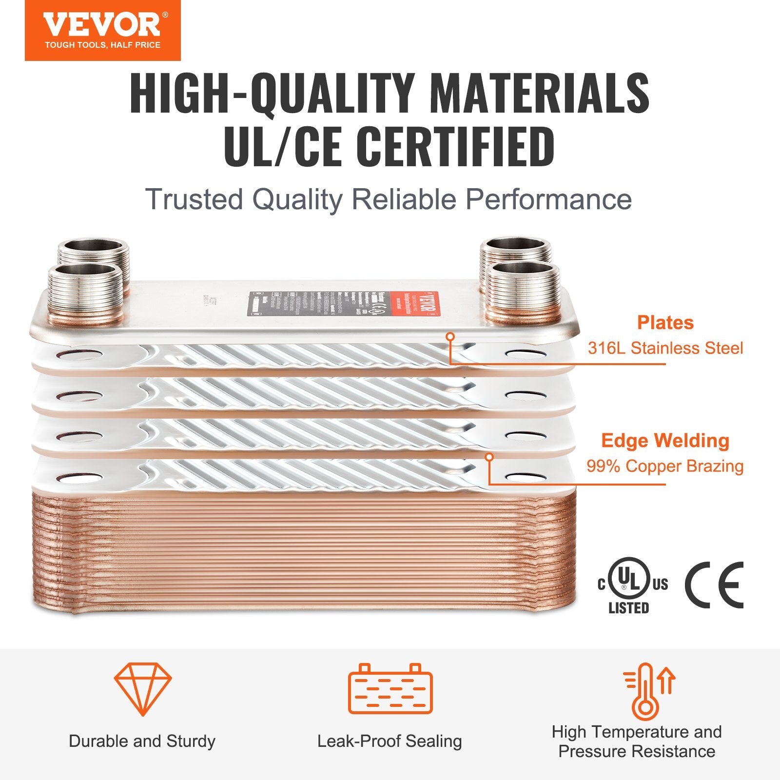 Heat Exchanger, 5"x 12" 30 Plates Brazed Plate Heat Exchanger, Copper/316L Stainless Steel Water To Water Heat Exchanger For Floor Heating, Water Heating, Snow Melting, Beer Cooling
