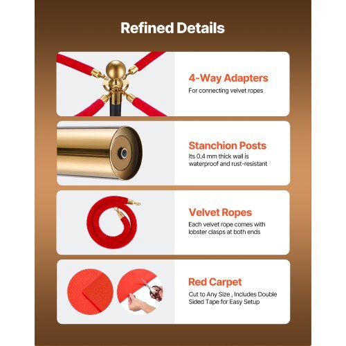 Stanchion Post, 6 Pcs Crowd Control Barrier Set with Red Carpet, 4 Red Velvet Ropes, Stainless Steel Gold Stanchion Post Queue with Hollow Base for Theater, Party, Wedding, Exhibition (Black)