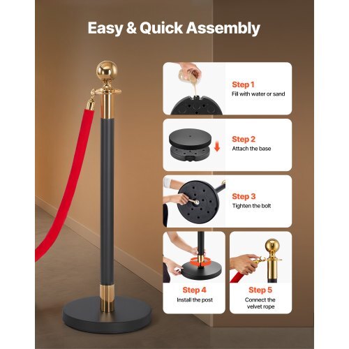 Stanchion Post, 6 Pcs Crowd Control Barrier Set with Red Carpet, 4 Red Velvet Ropes, Stainless Steel Gold Stanchion Post Queue with Hollow Base for Theater, Party, Wedding, Exhibition (Black)