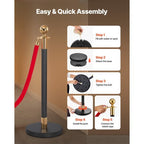 Stanchion Post, 6 Pcs Crowd Control Barrier Set with Red Carpet, 4 Red Velvet Ropes, Stainless Steel Gold Stanchion Post Queue with Hollow Base for Theater, Party, Wedding, Exhibition (Black)